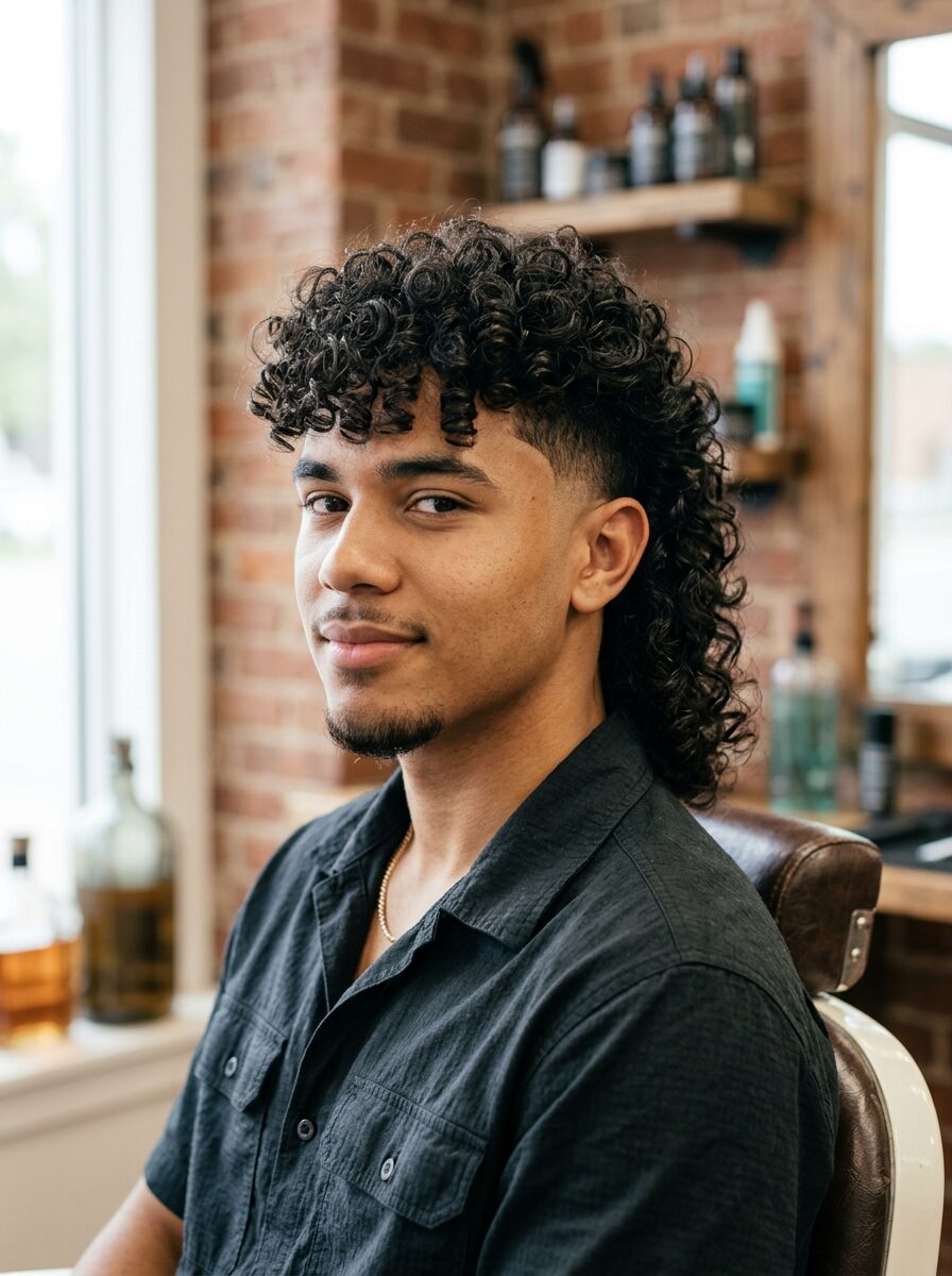 Curly Burst Fade Mullet