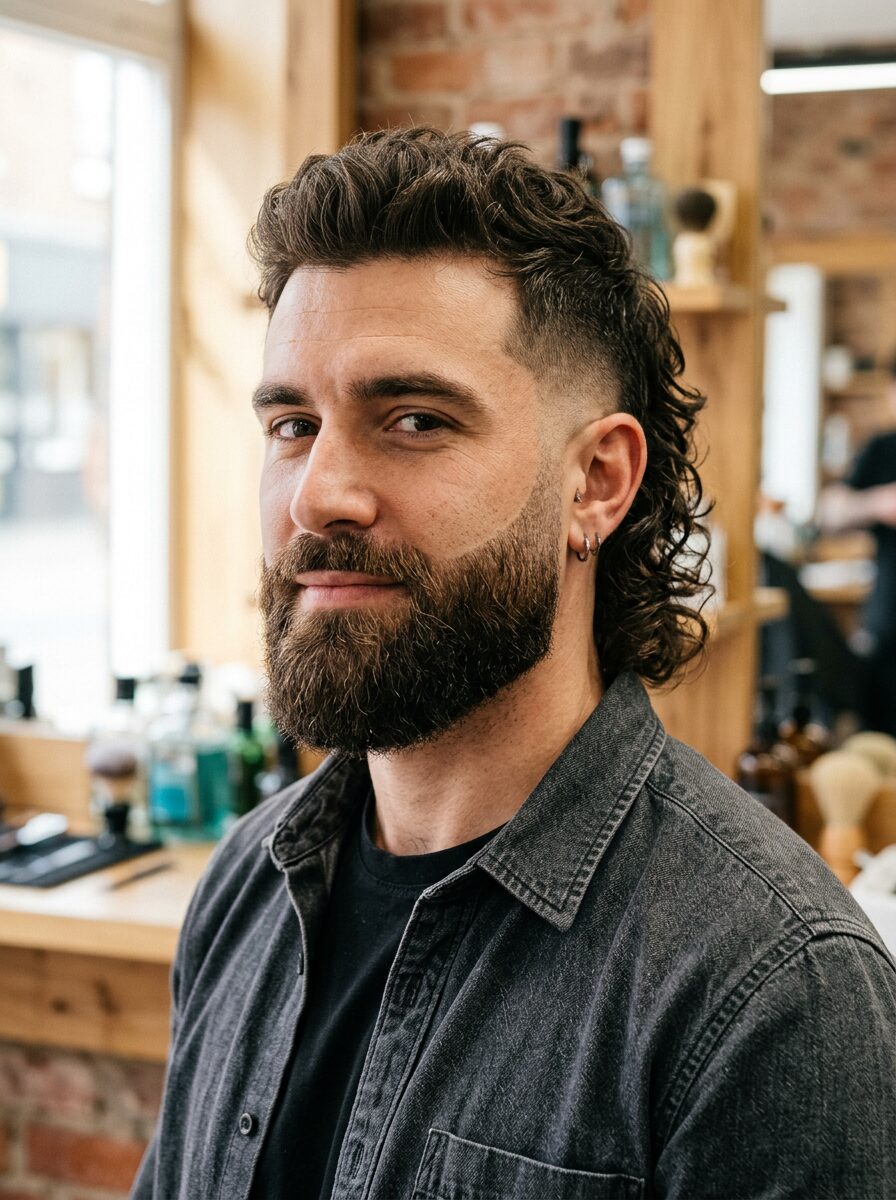 Burst Fade Mullet with Beard