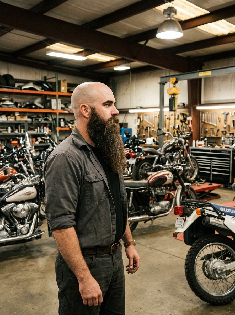 Shaved Head + Long Beard