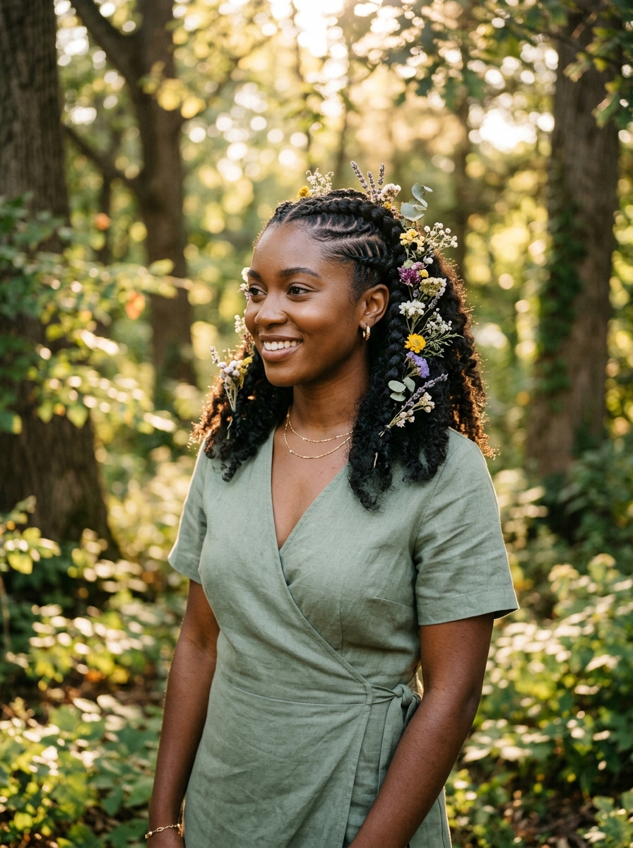 Goddess Braids Half-Up with Dried Wildflowers