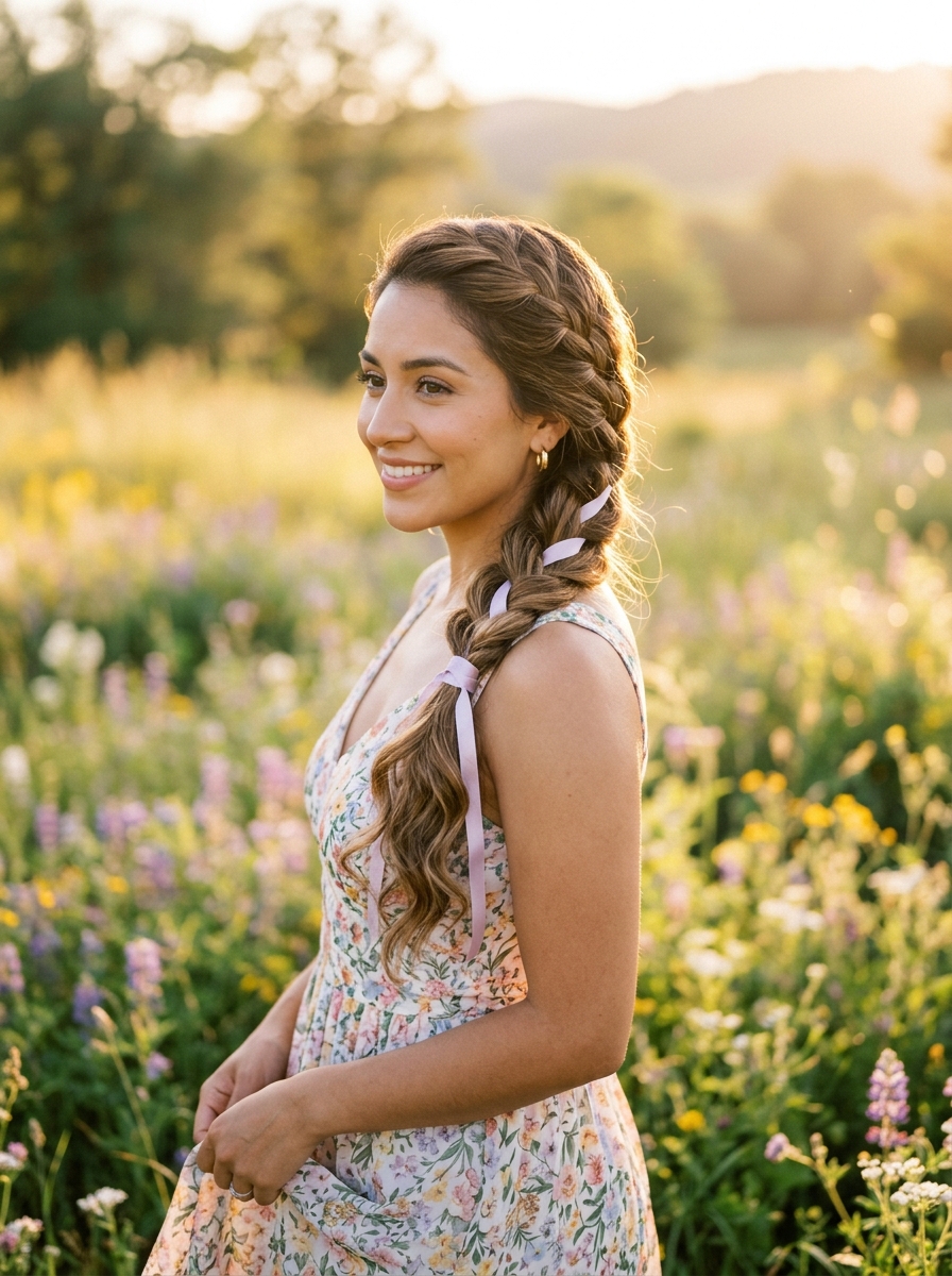 Loose Waterfall Braid with Satin Ribbon