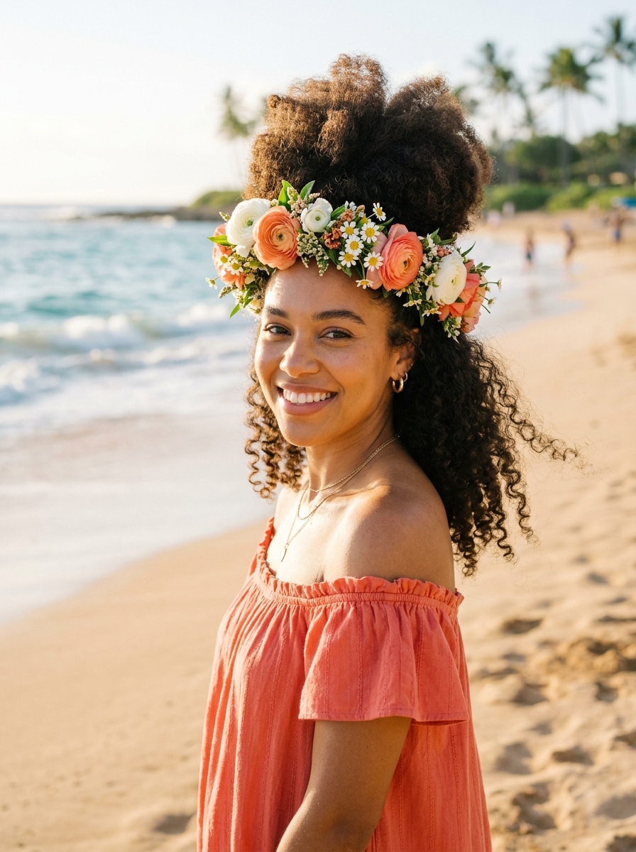 Afro Puff Half-Up with Fresh Flower Crown