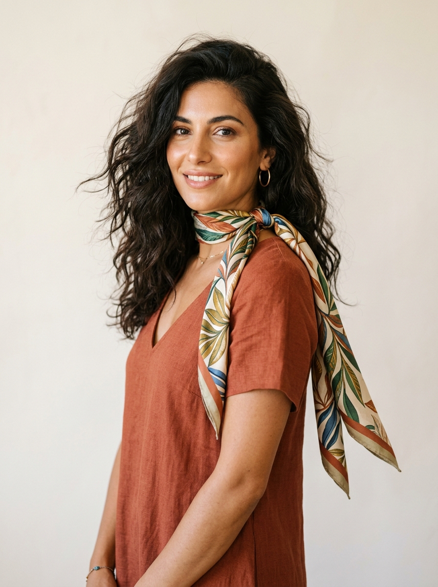 Tousled Dark Waves with Silk Scarf Wrap