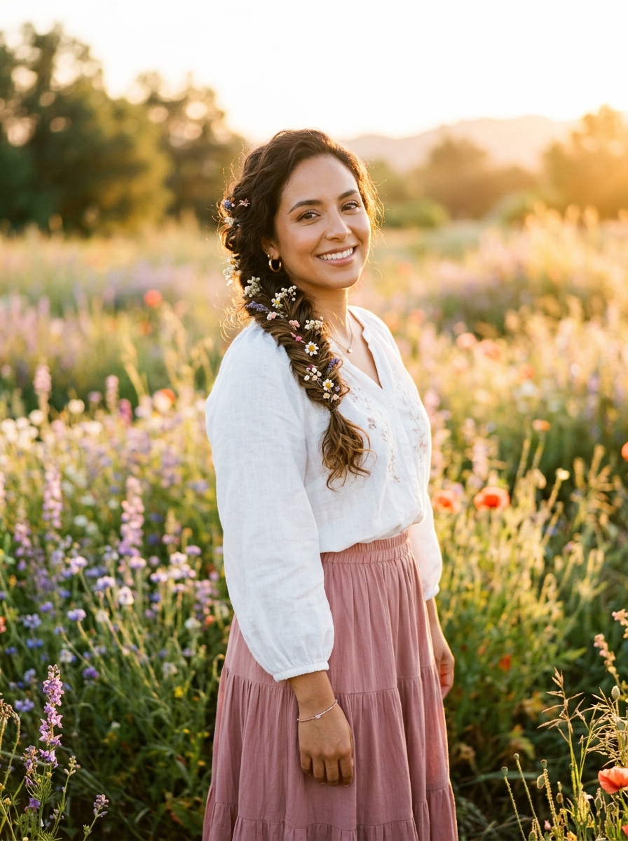 Deconstructed Fishtail Side Braid with Pressed Florals