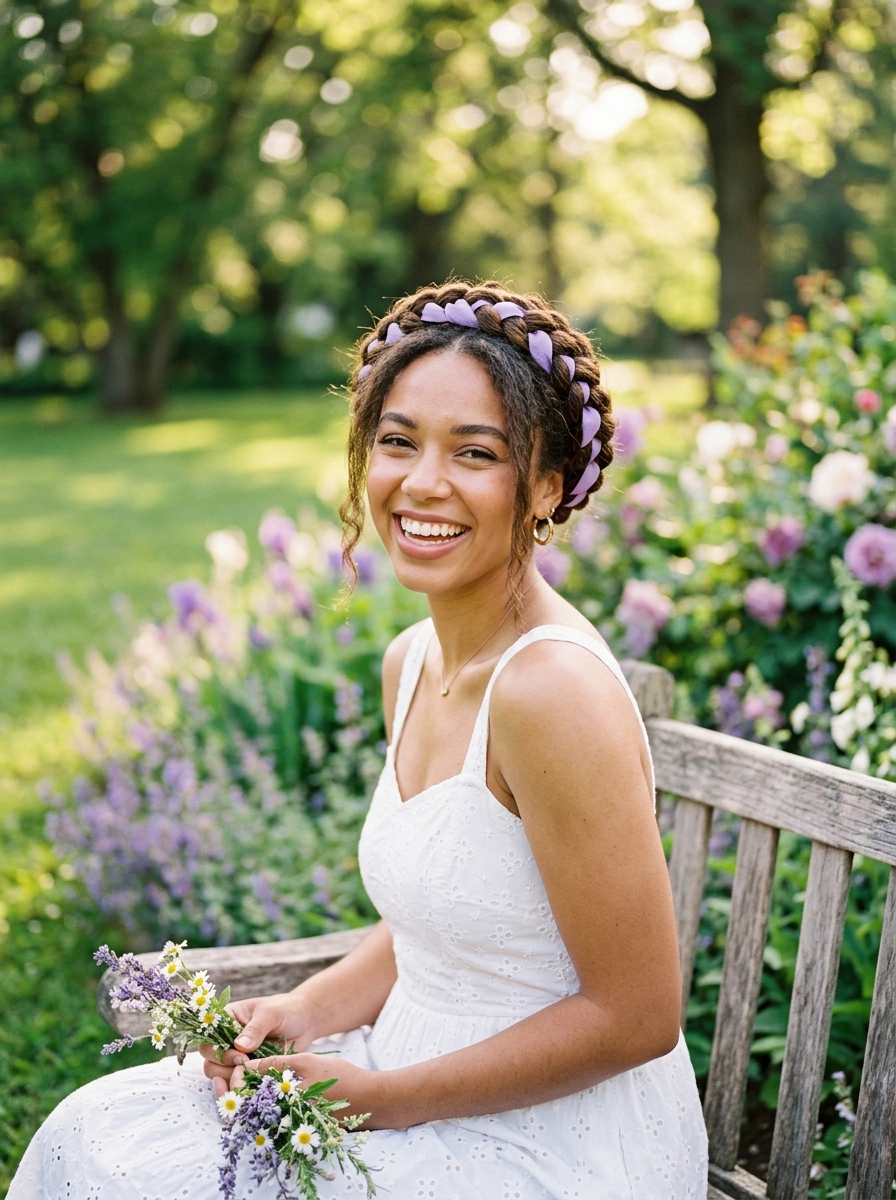 Double Dutch Crown Braids with Grosgrain Ribbon Weave