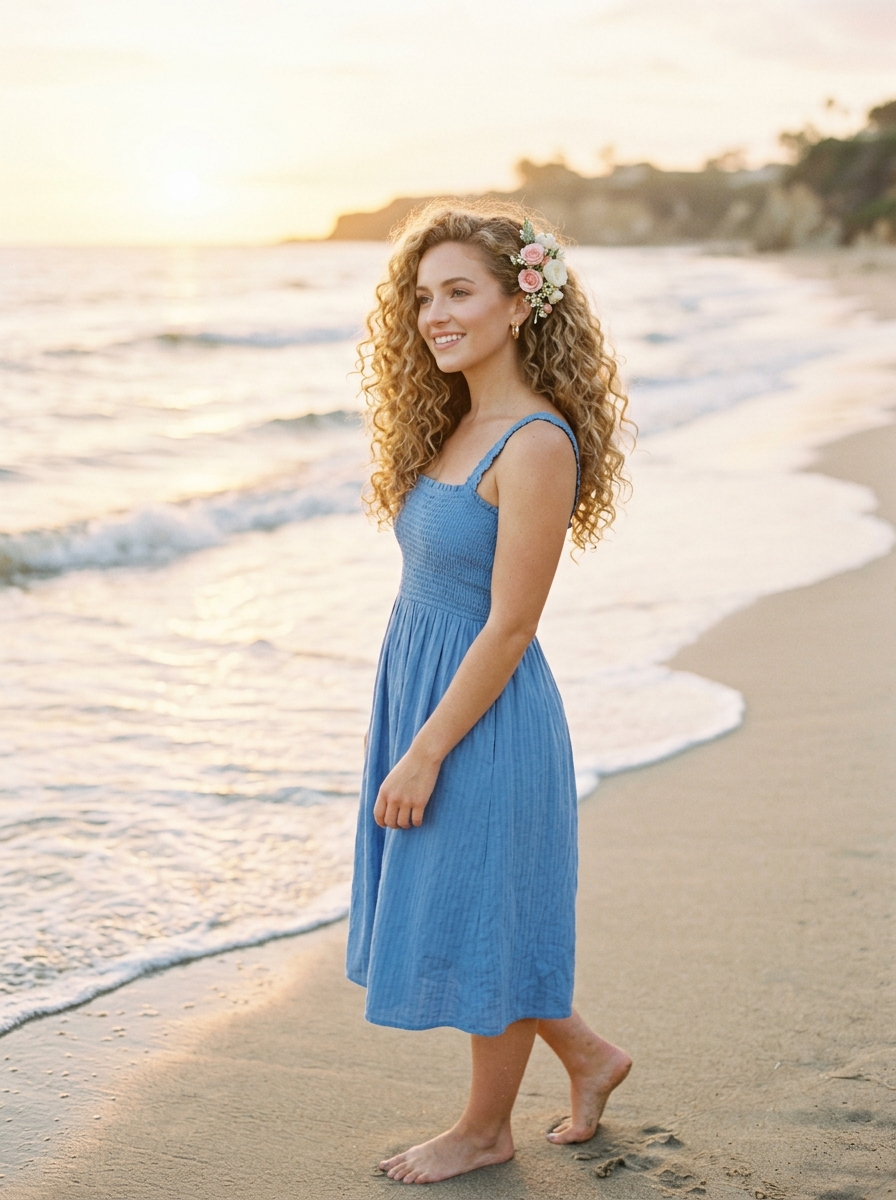 Soft Romantic Curls with Pastel Floral Pin