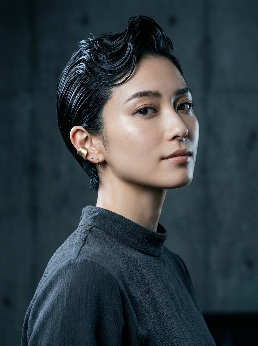 Slicked Wet-Look Pixie with Gold Ear Cuff