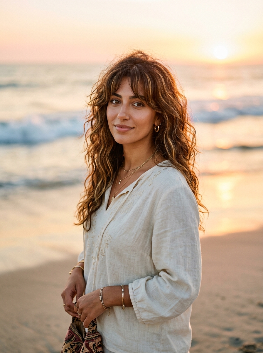 Bohemian Gypsy Shag with Curtain Bangs and Waves