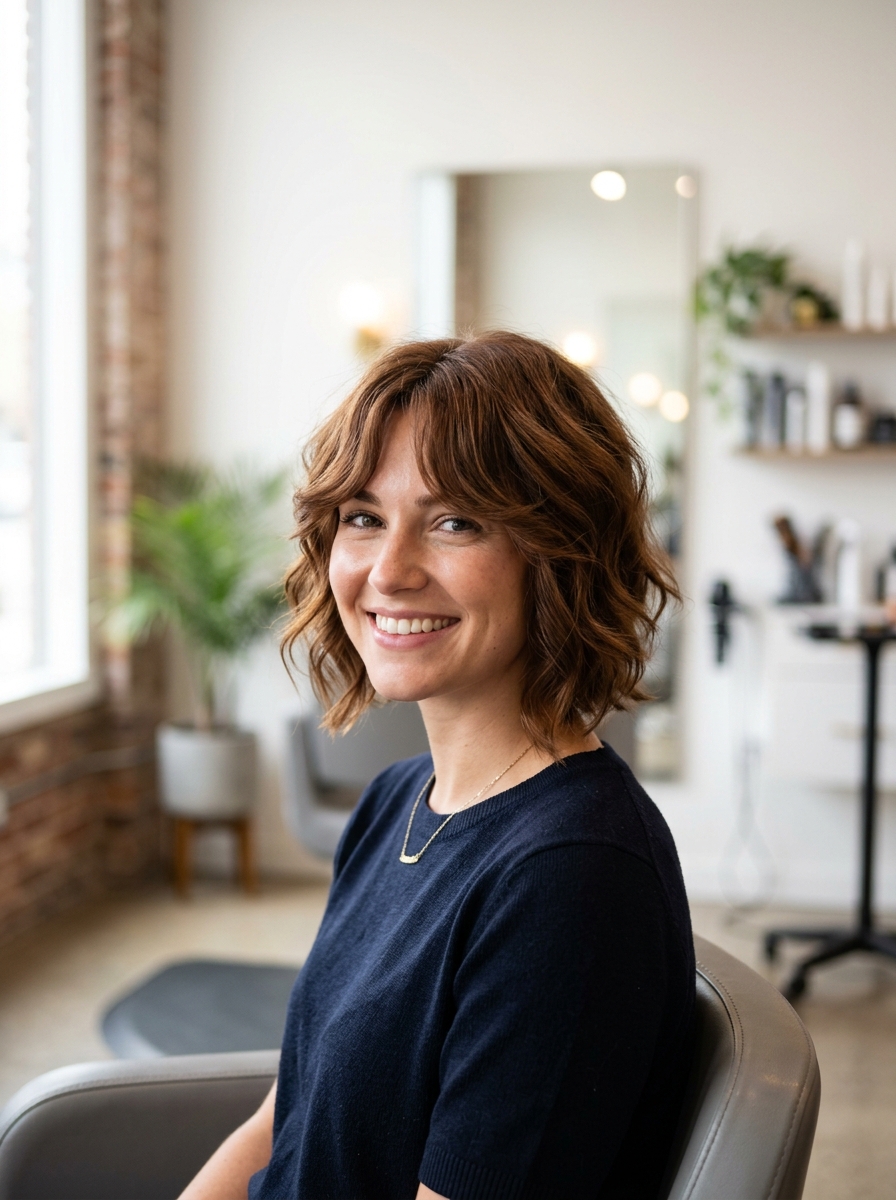 Cinnamon Brunette with Permed Curtain Bangs
