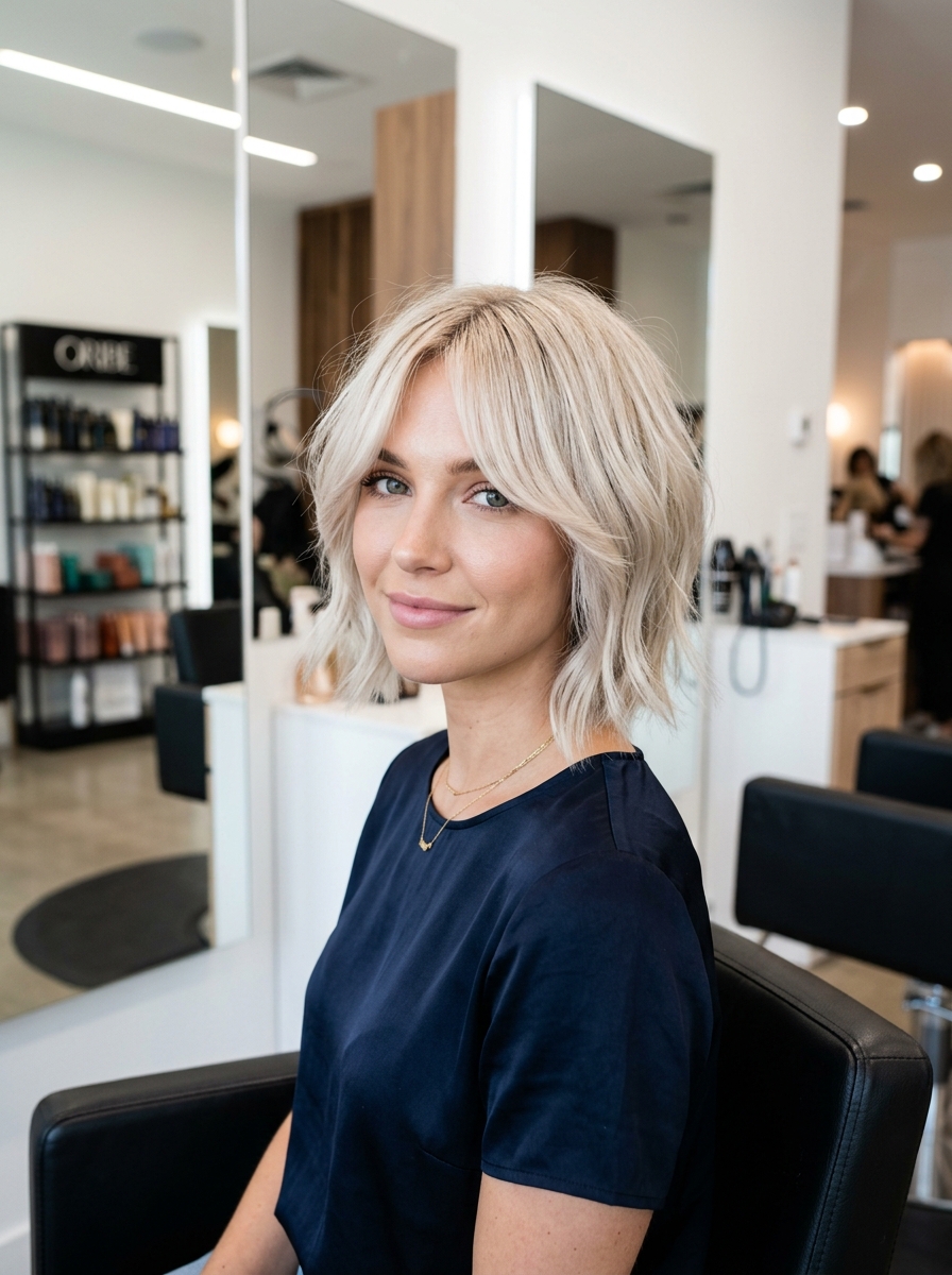 Icy Champagne Blonde with Long Curtain Bangs