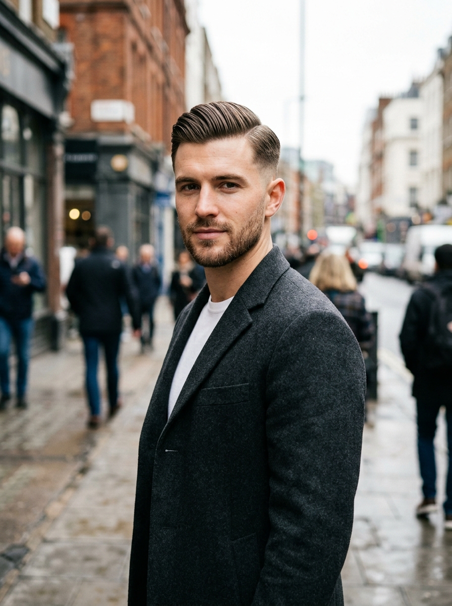 Sleek Classic Comb-Over with Low Skin Fade