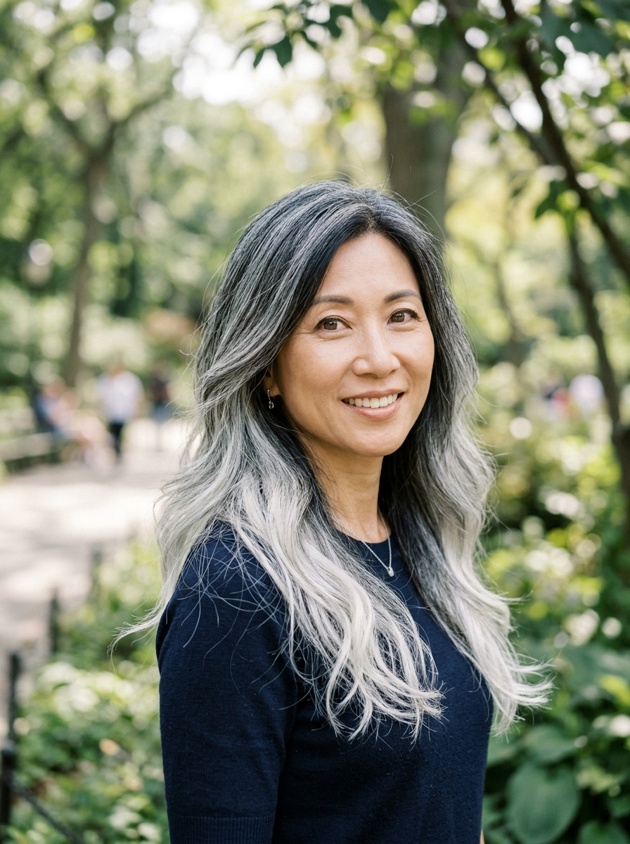Long Layers with Silver Balayage Fade
