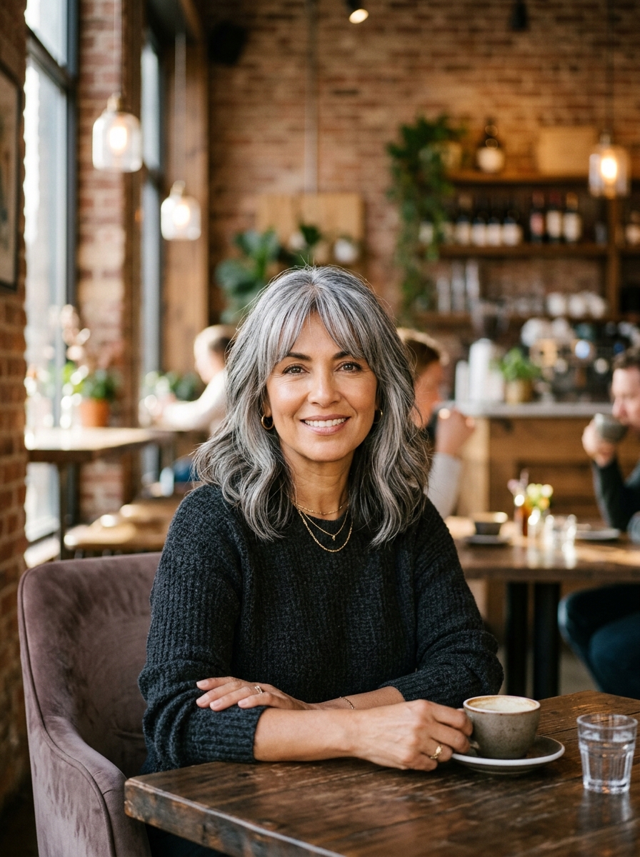 Silver Curtain Bangs Lob