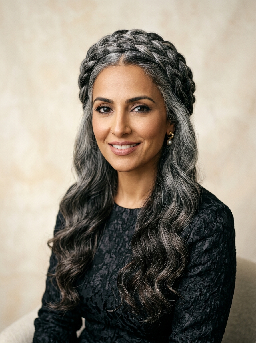 Braided Crown with Salt-and-Pepper Texture