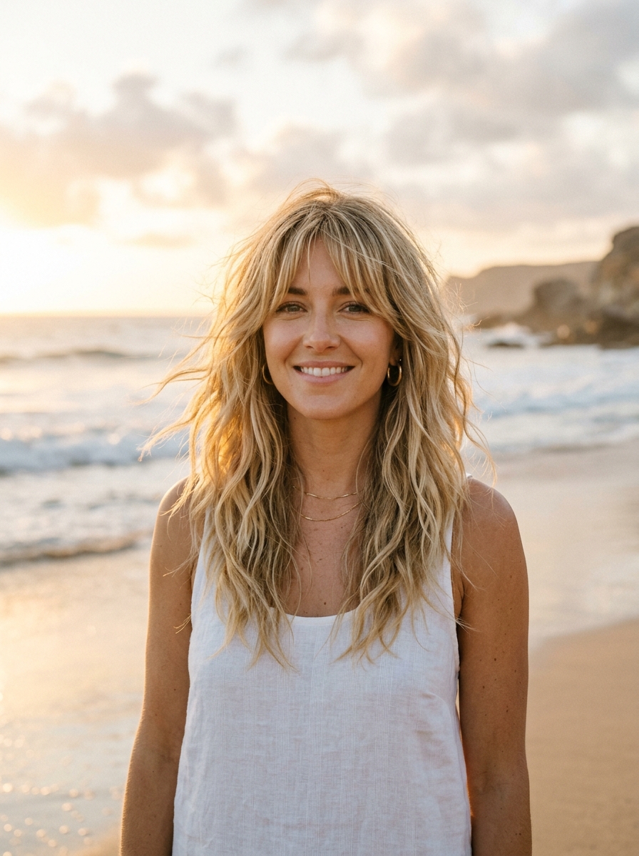 Beachy Blonde 70s Shag with Sun-Kissed Highlights