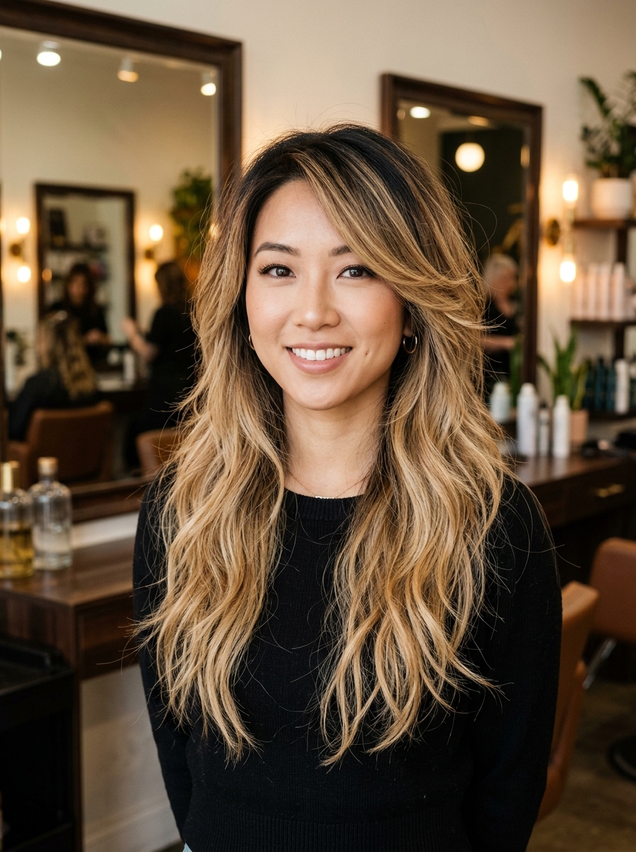 Chocolate Bronde Shag with Deep Side Part