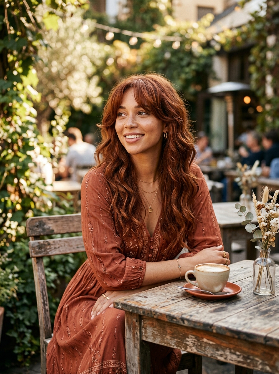 Bohemian Auburn Shag with Curtain Bangs