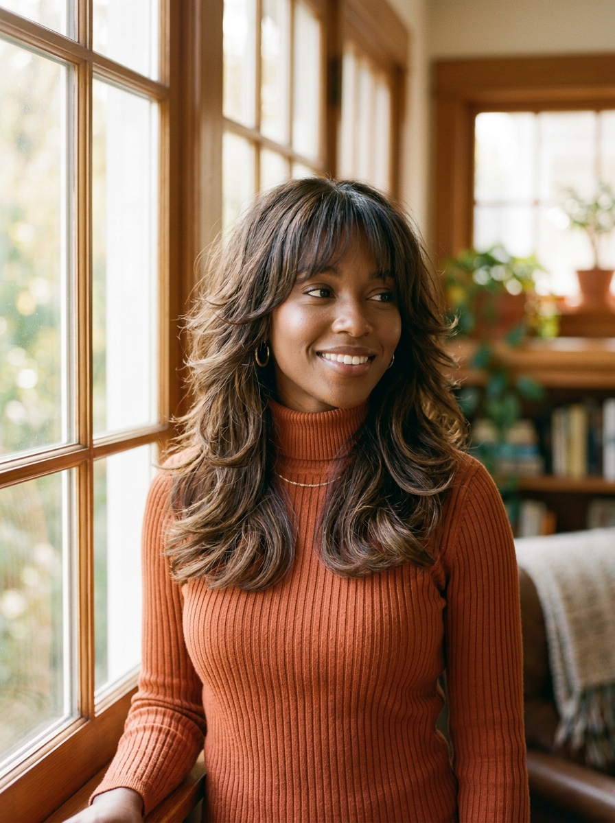 Earthy Brunette Shag with a 70s Outward Flip