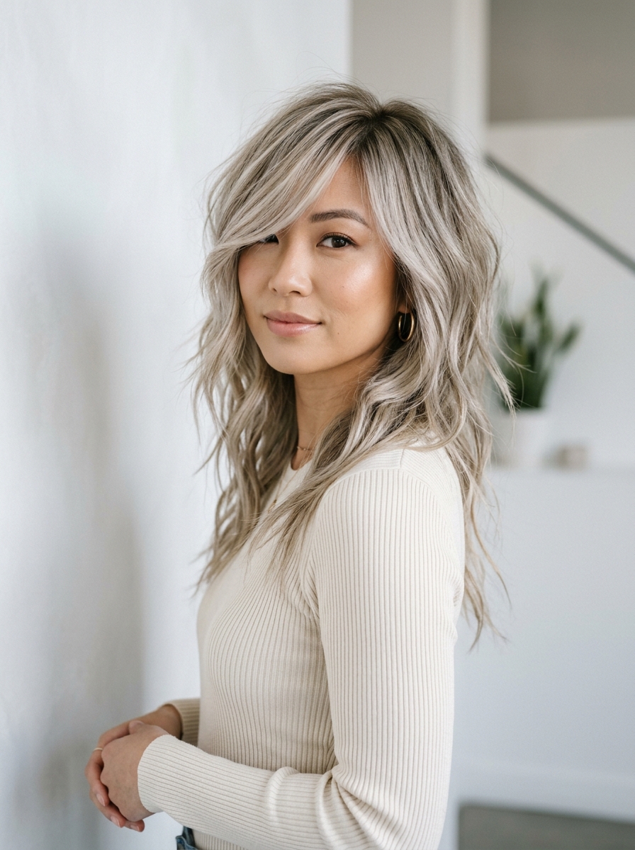Ash Blonde Shag with Dramatic Side-Swept Fringe