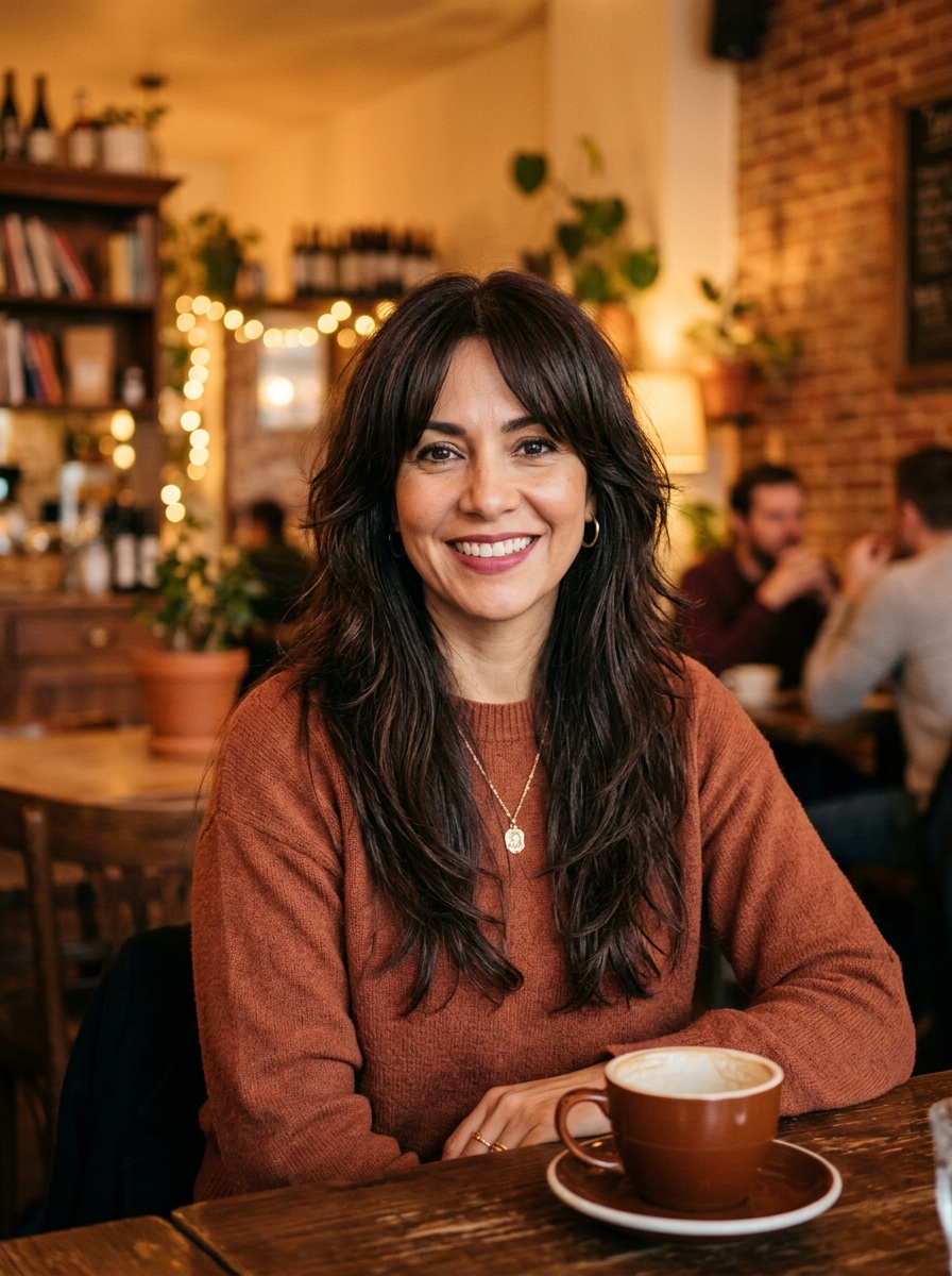 Deep Brunette Shag with Wispy Curtain Bangs
