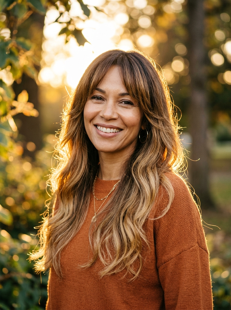Honey Balayage Shag with Curtain Bangs