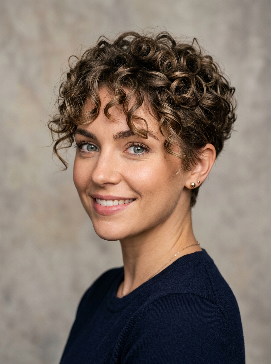 Classic Tapered Curly Pixie with Wispy Curtain Bangs