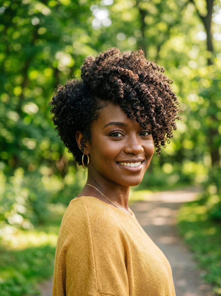 Voluminous Afro-Textured Pixie with Side-Swept Bangs