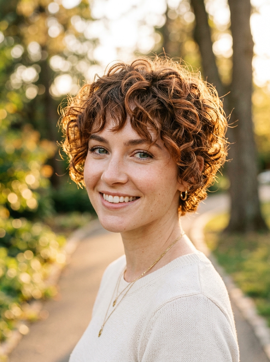 Copper Balayage Curly Pixie with Feathered Fringe