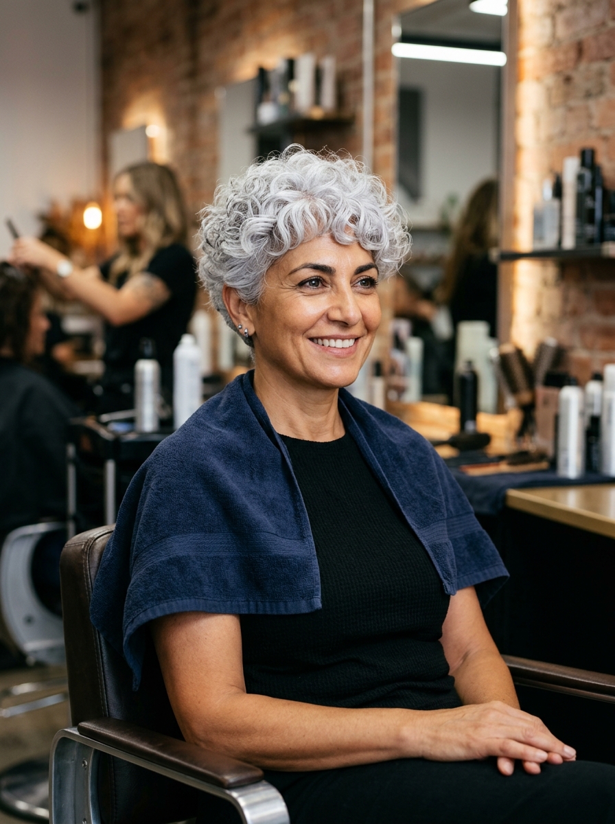 Silver Fox Curly Pixie with Soft Fringe