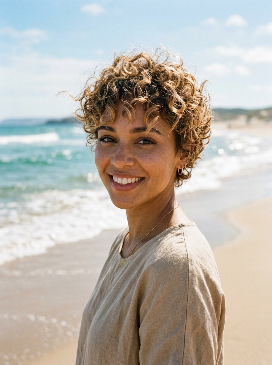 Sun-Kissed Beachy Curly Pixie with Piece-y Bangs