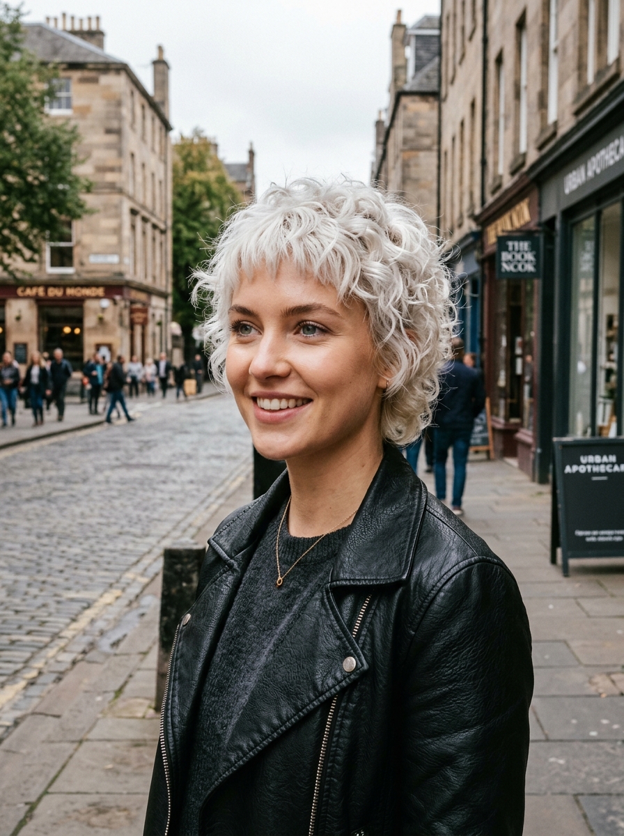 Icy Platinum Curly Pixie with Choppy Bangs