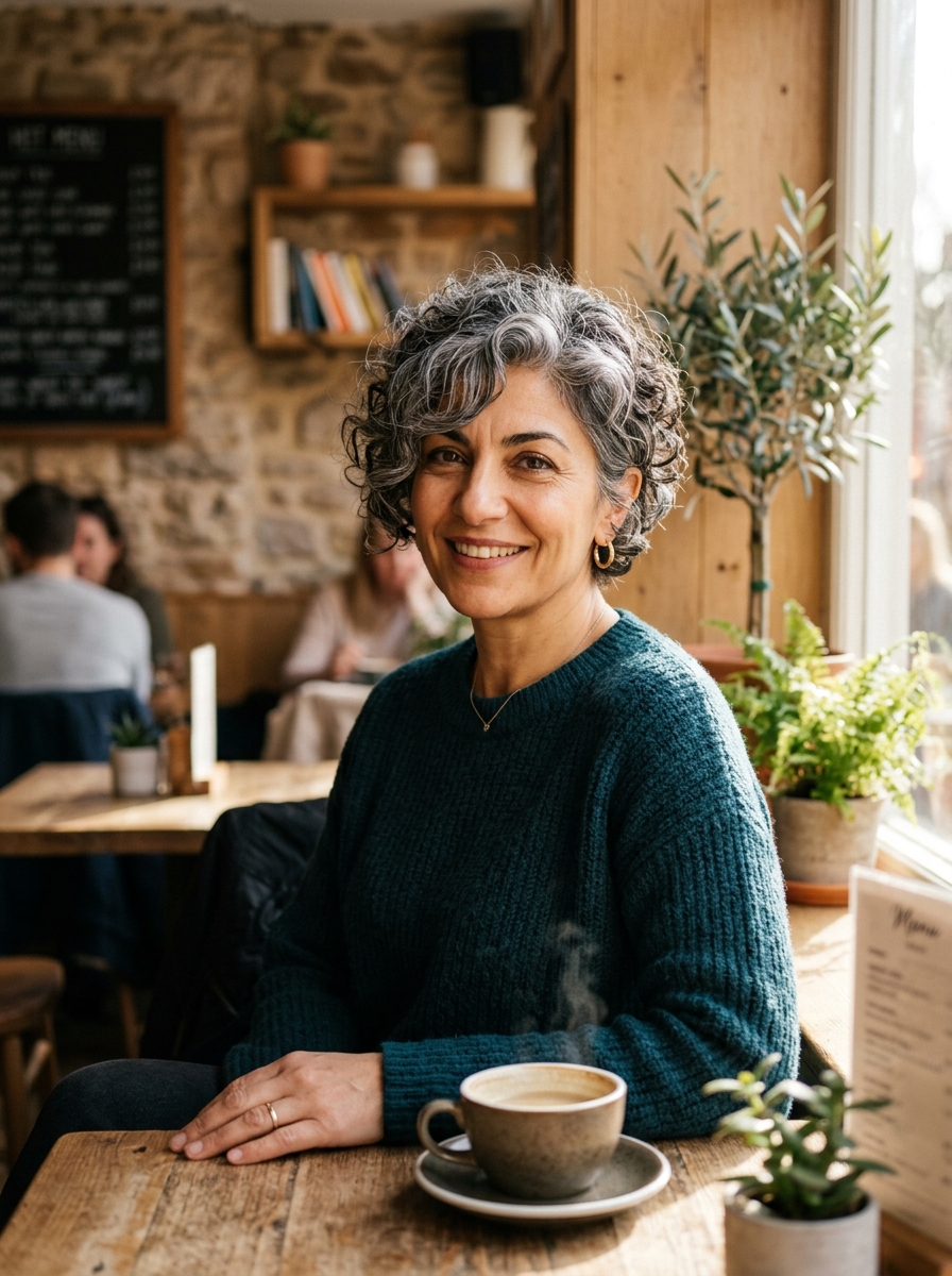 Salt-and-Pepper Transitional Curly Pixie with Side Fringe
