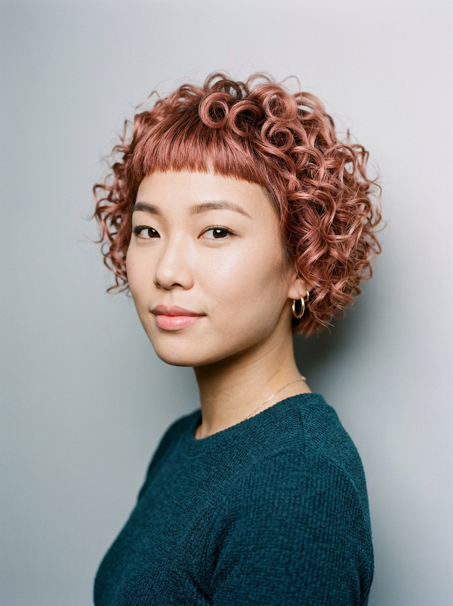 Rose Gold Curly Crop with Micro Baby Bangs