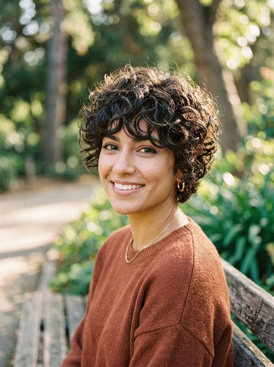 Long Shaggy Curly Pixie with Curtain Bangs