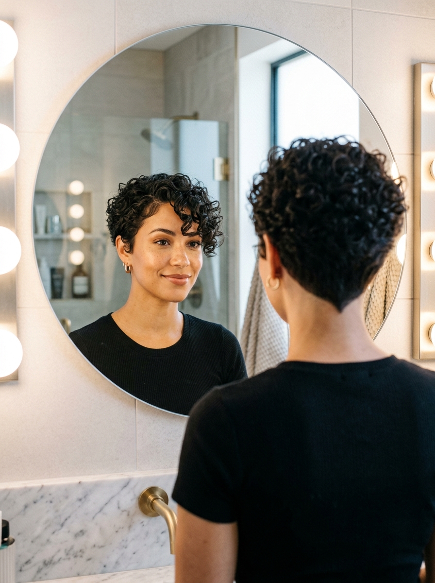 Biracial Curl-Defined Pixie with V-Cut Nape and Swoop Bang