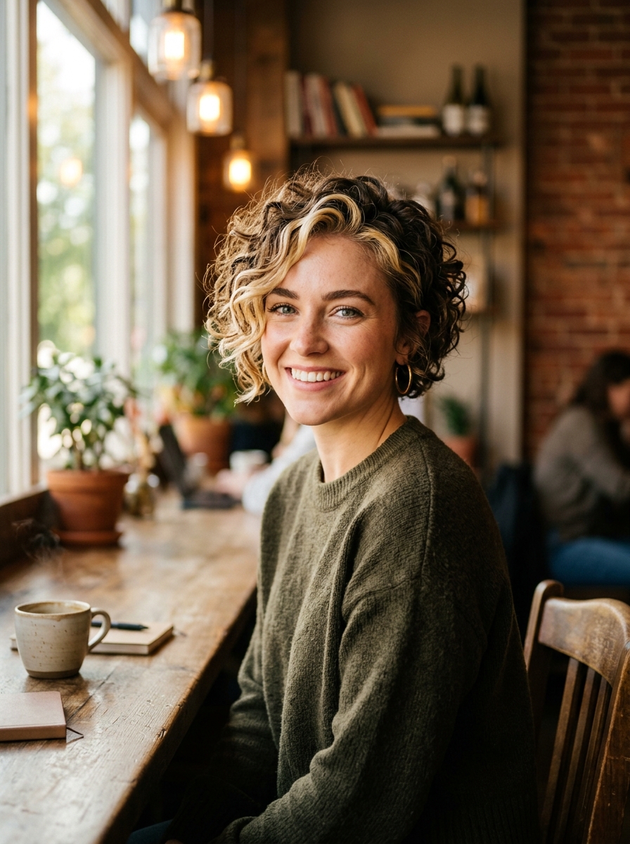 Money-Piece Highlighted Curly Pixie with Peekaboo Bangs