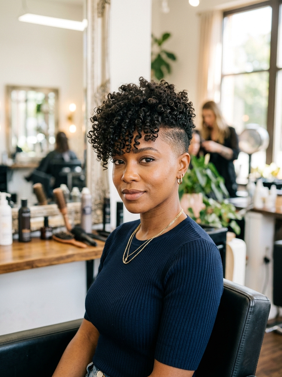 Buzzed-Side Curly Crop with Fringe Fade