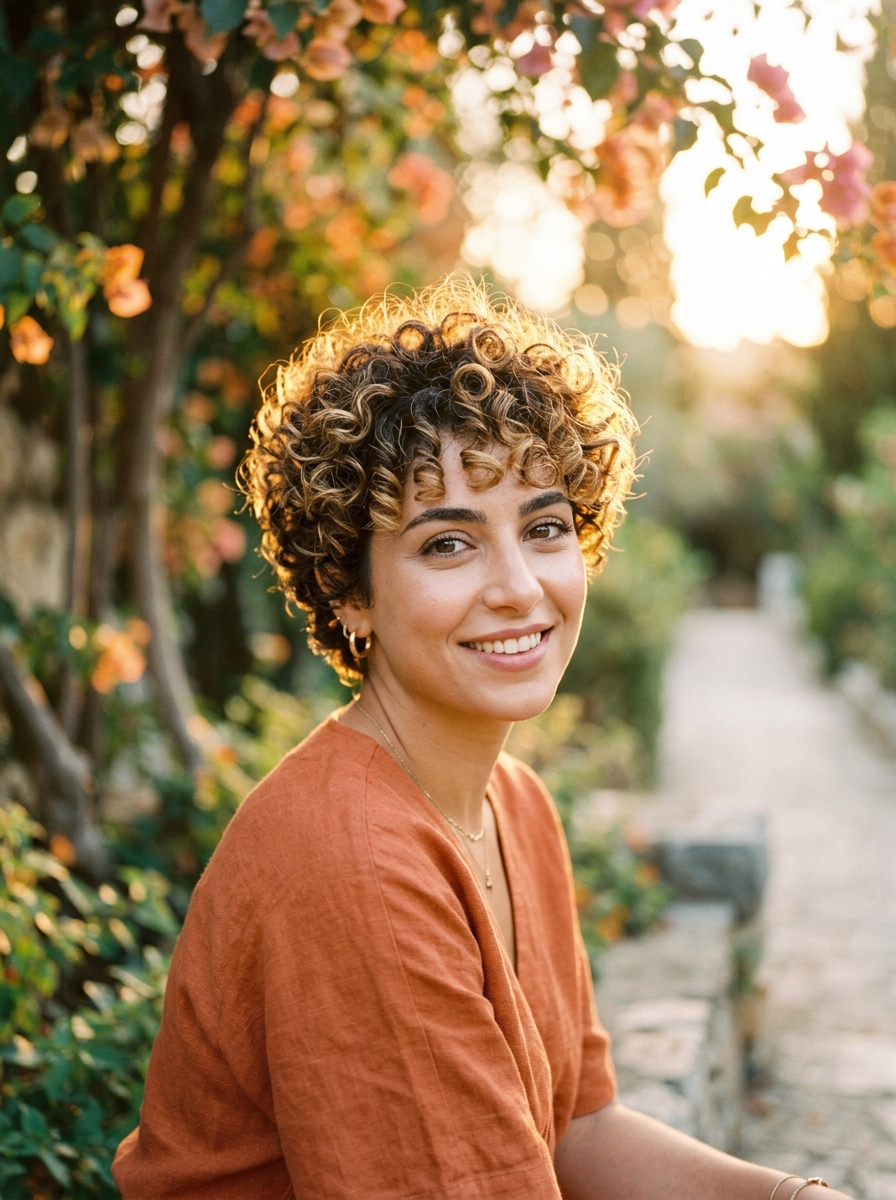 Golden Balayage Curly Pixie with Arched Bangs