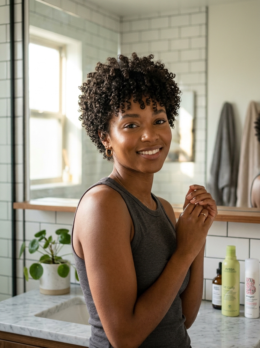 Wash-and-Go Curly Pixie with Natural Fringe