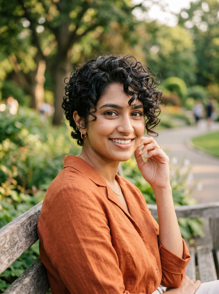 Grown-Out Curly Pixie with Long Face-Framing Bangs