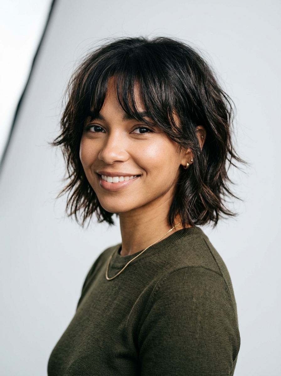 Textured Chin-Length Shag Bob with Curtain Fringe