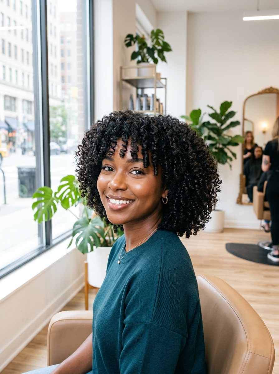 Curly Bob with Tapered Curtain Bangs