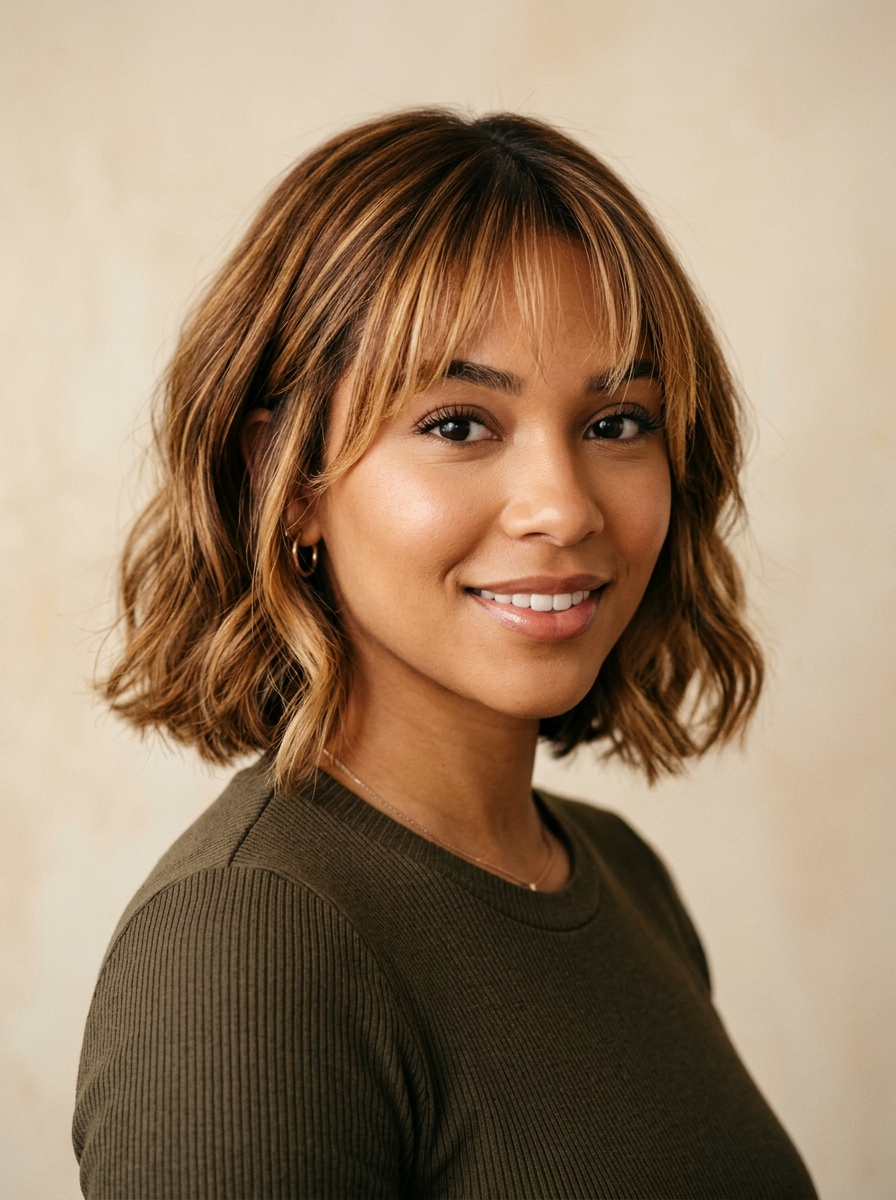 Color-Kissed Bob with Dimensional Curtain Bangs