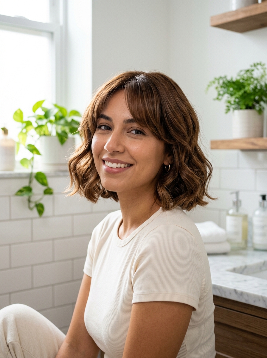 Chin-Length Wavy Bob with Soft Curtain Bangs