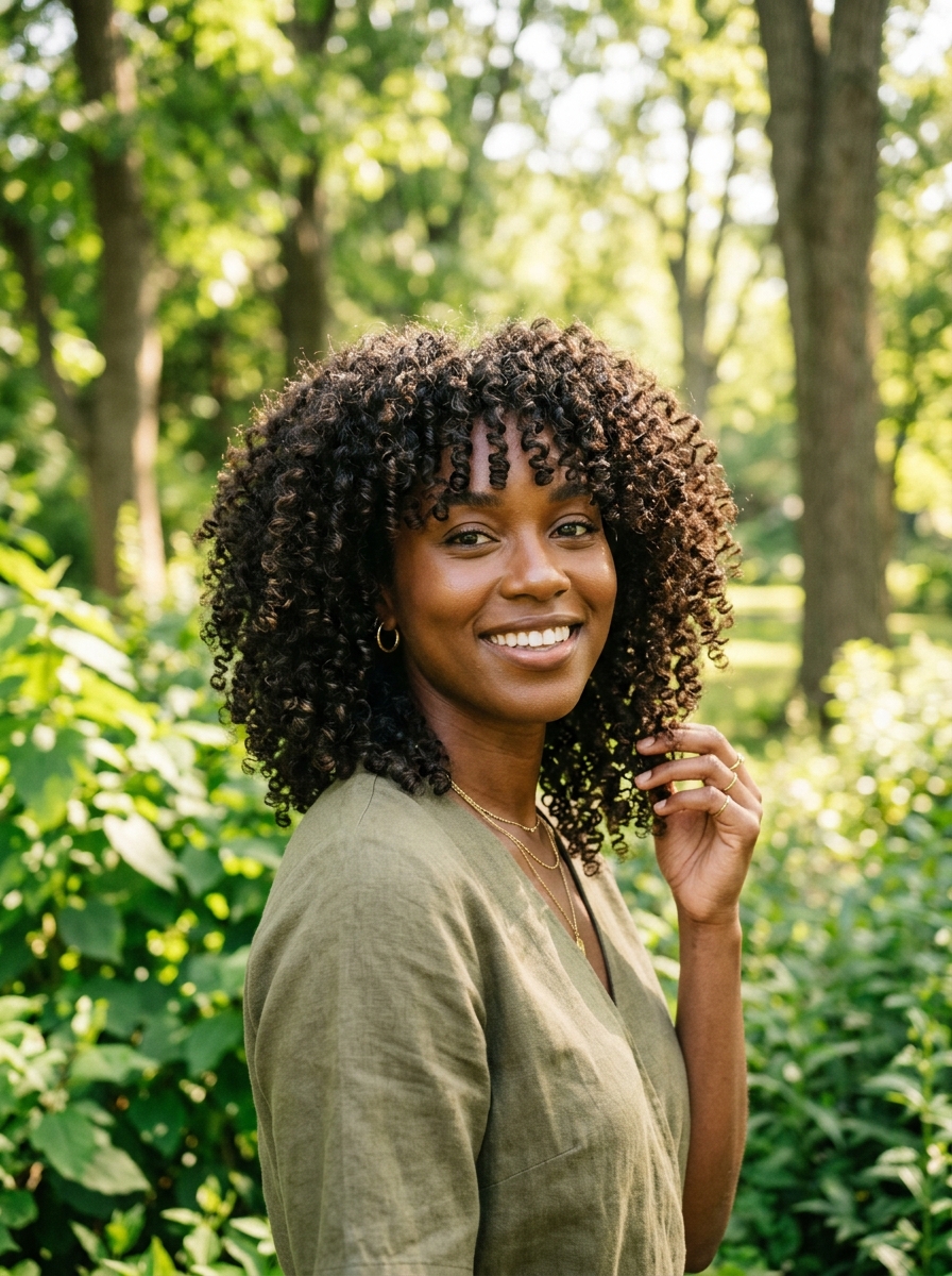 Textured Mid-Length with Natural Curl Curtain Bangs