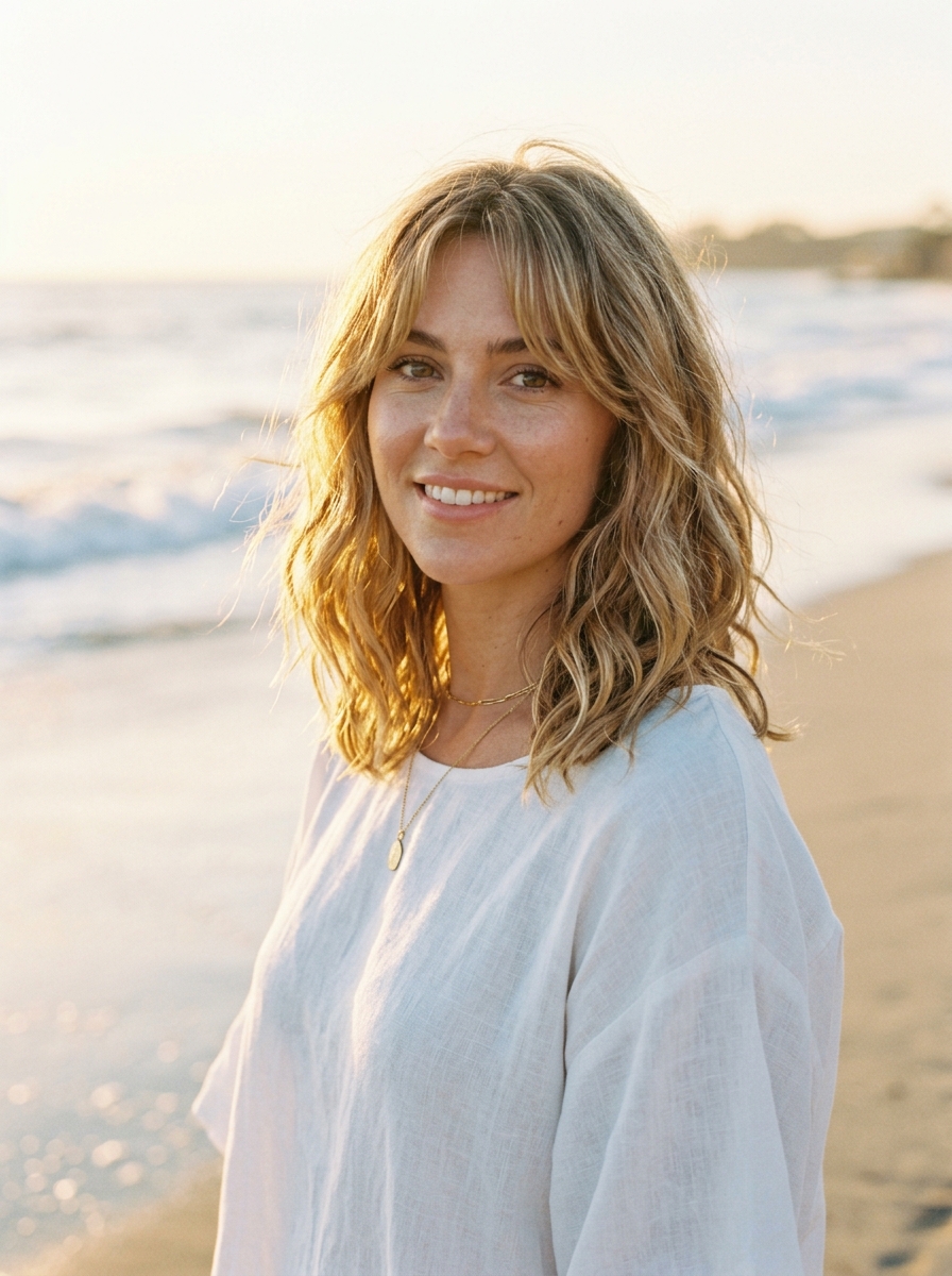 Tousled Beach Lob with Curtain Bangs