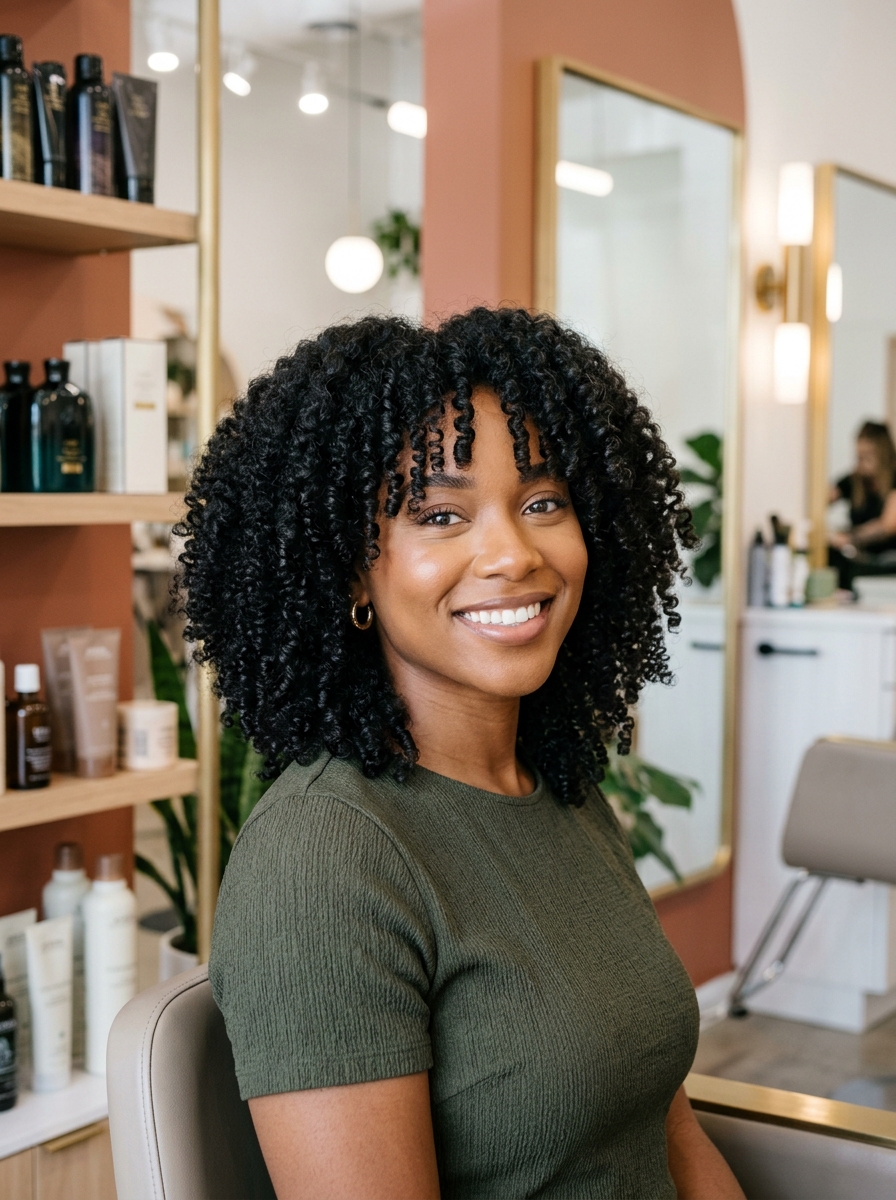 Defined Natural Coil Mid-Length with Curtain Bangs