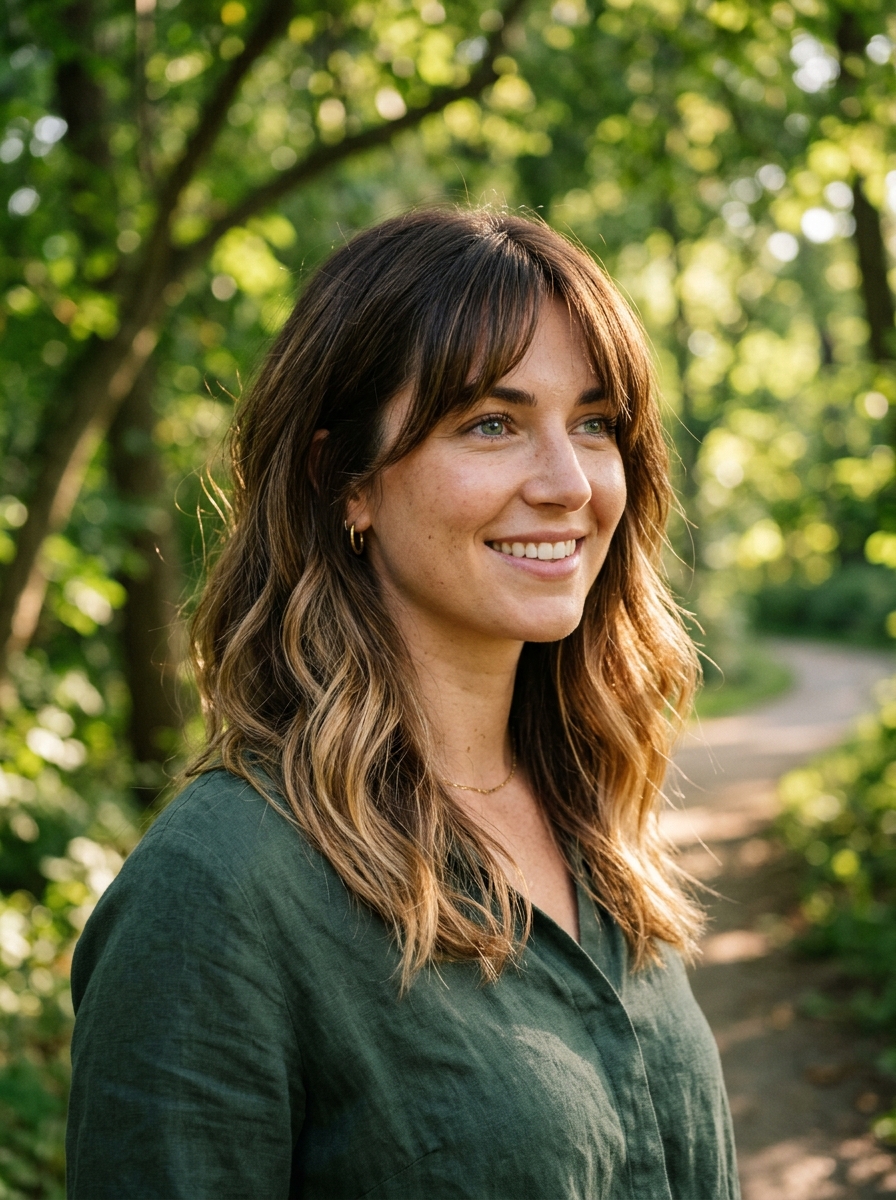 Sun-Kissed Balayage Lob with Curtain Bangs