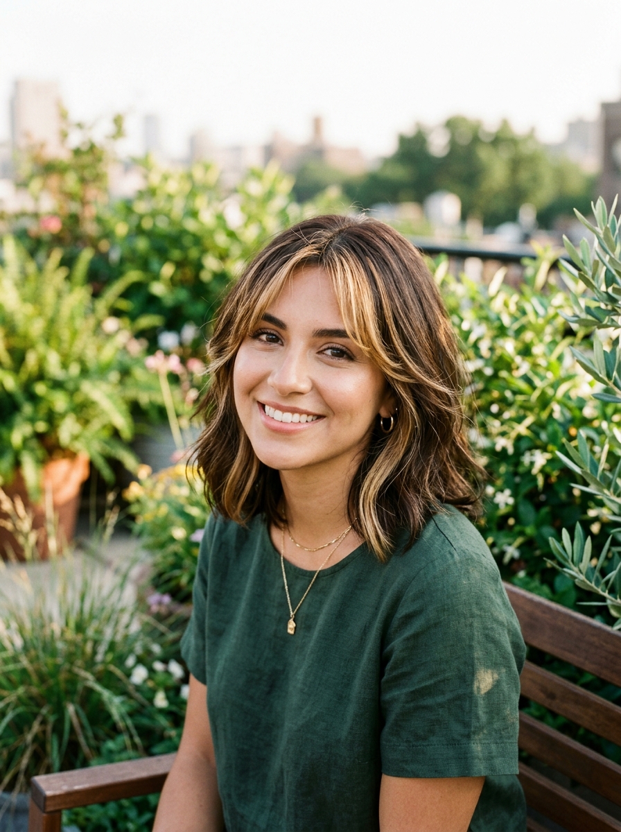 Face-Framing Highlight Lob with Curtain Bangs