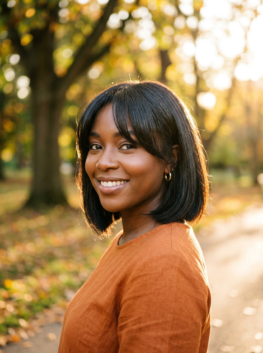 Volume-Boosted Bob for Round Faces with Curtain Bangs